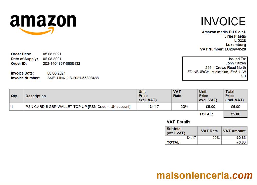 Wielka Brytania Amazon Amerykańska wielonarodowa firma technologiczna faktura słowo i szablon PDF